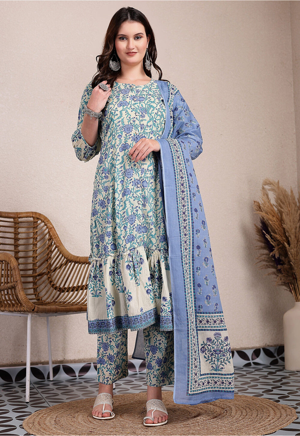 Line Patterned Suit Buy Printed Pure Cotton A Line Suit in Light Beige Online : KJL2253 ...