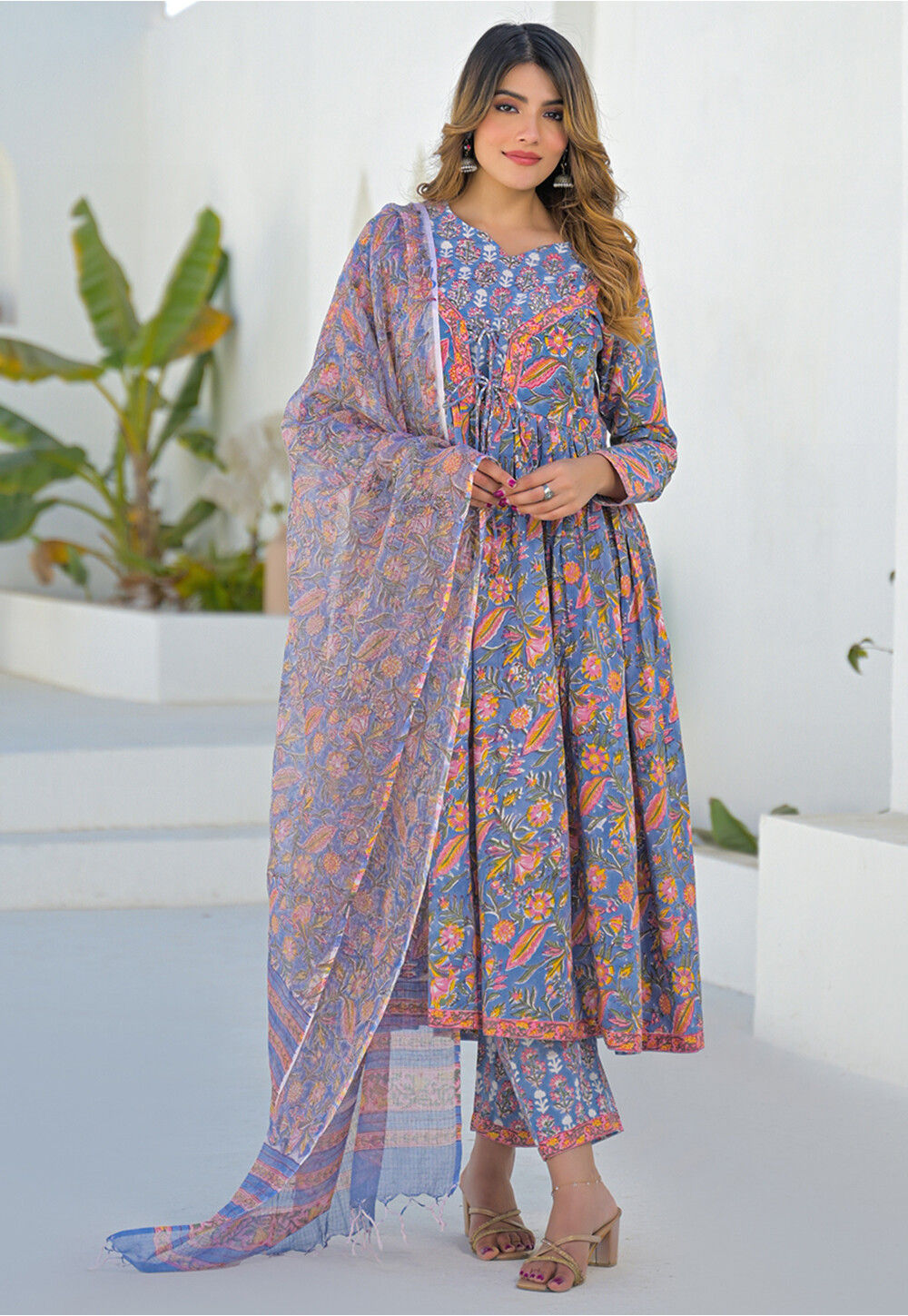 Line Patterned Suit Buy Printed Pure Cotton A Line Suit in Sky Blue Online : KJX273 - Utsav ...
