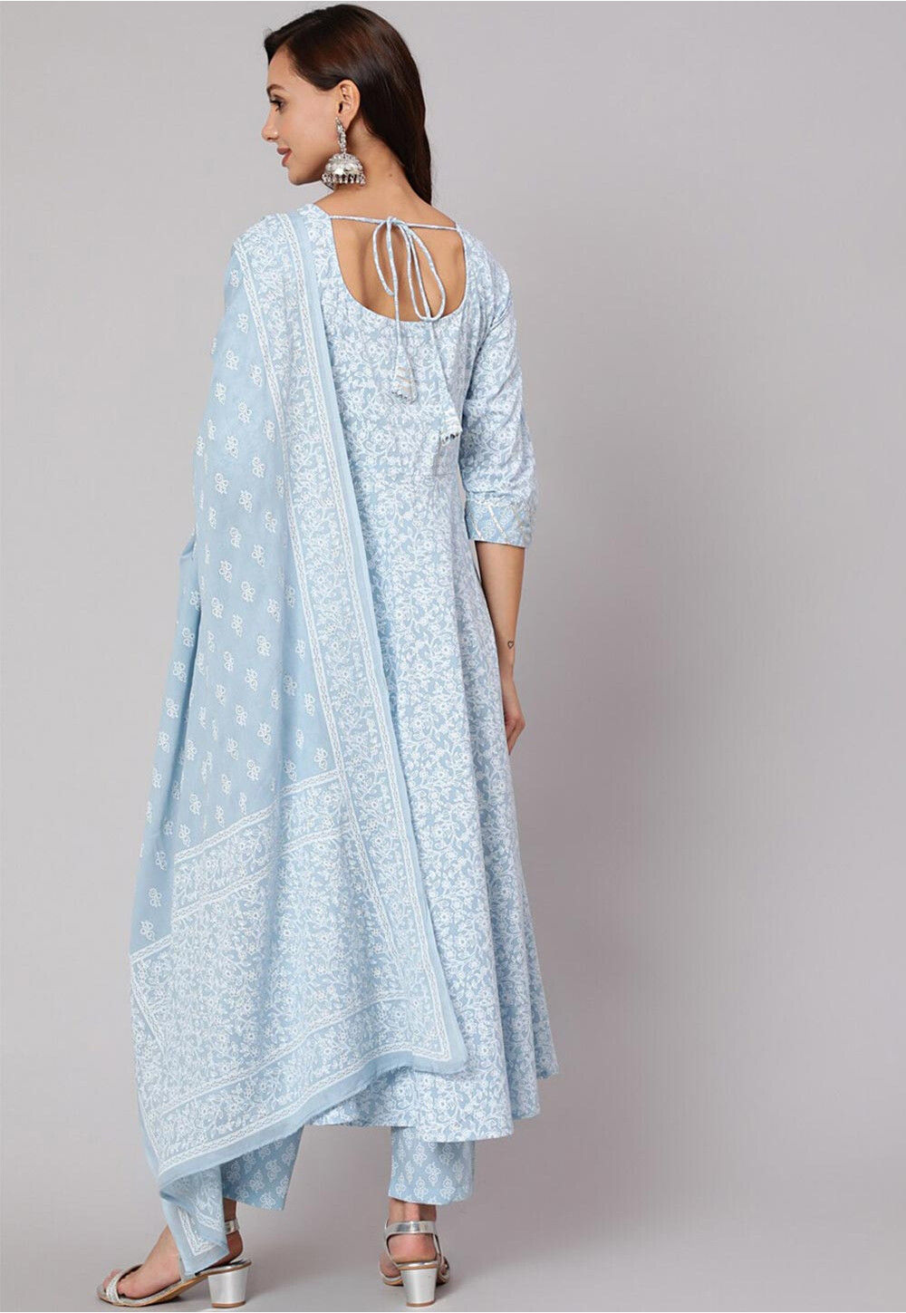 Blue Pure Cotton Jaipuri Print A-line Plazo Suit with Sleek Pearl Work on neck main image 1