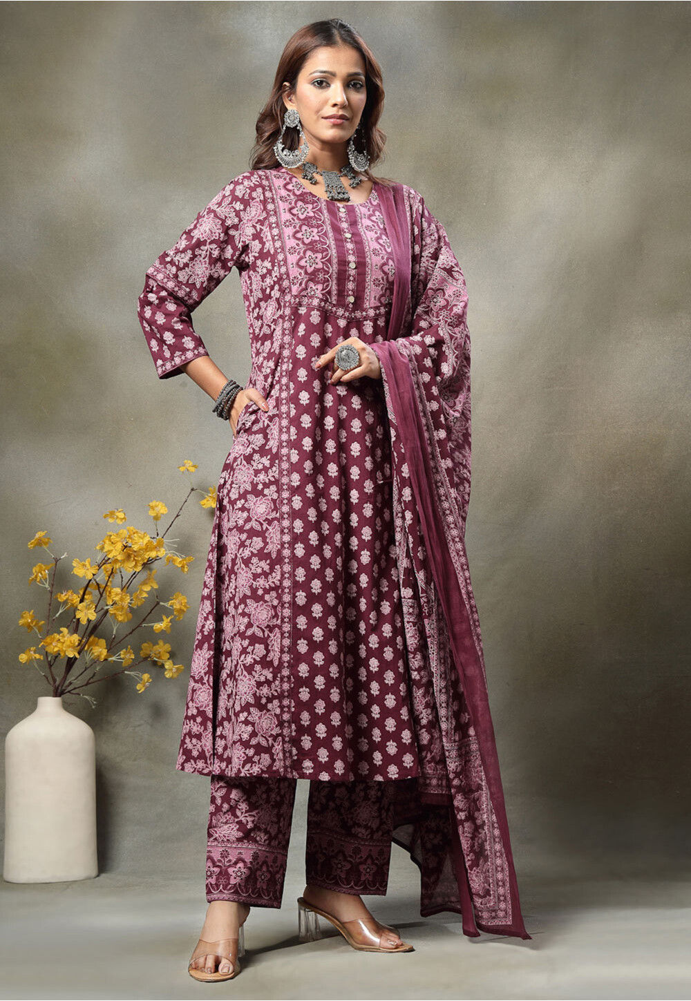 Line Patterned Suit Buy Printed Pure Cotton A Line Suit in Violet Online : KJL2496 - Utsav ...