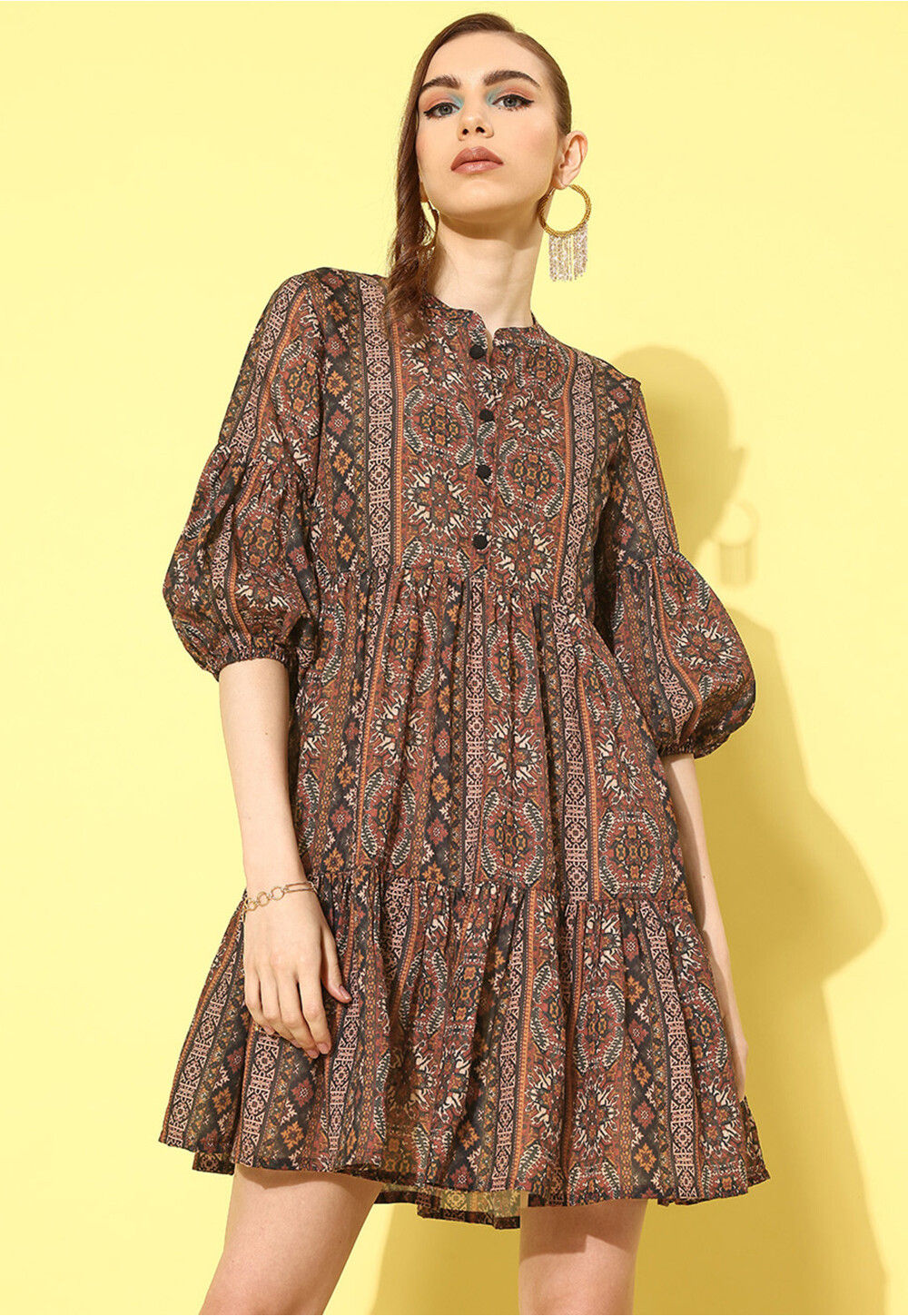 Printed Pure Cotton Aline Dress in Brown