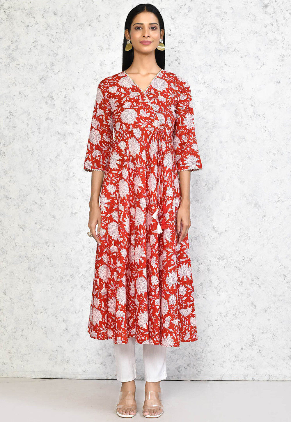 Red Check Printed Half Sleeve Cotton A-Line Kurta