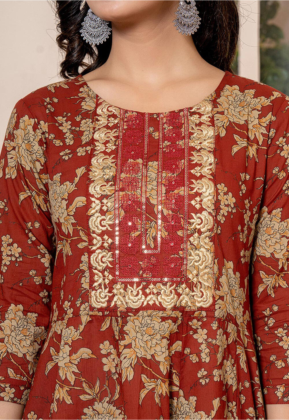 Rusty Orange Soft Cotton Embroidered Aline Suit main image 0