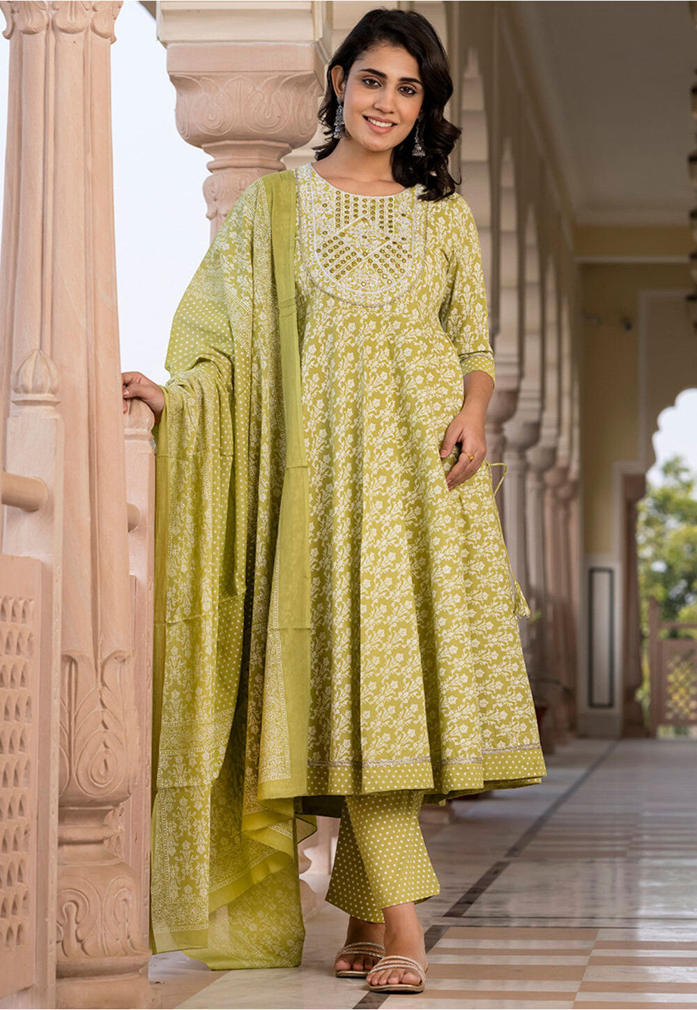 Pastel Green Kani work print A line Suit Set main image 0