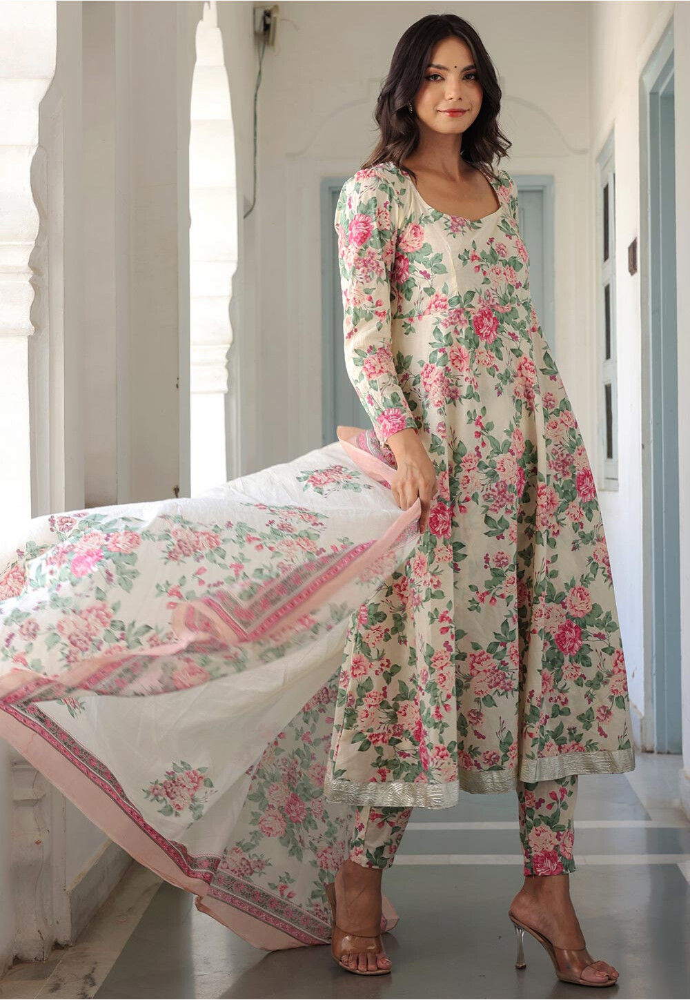 Off White Printed Pure Cotton A-Line Palazzo Suit Set