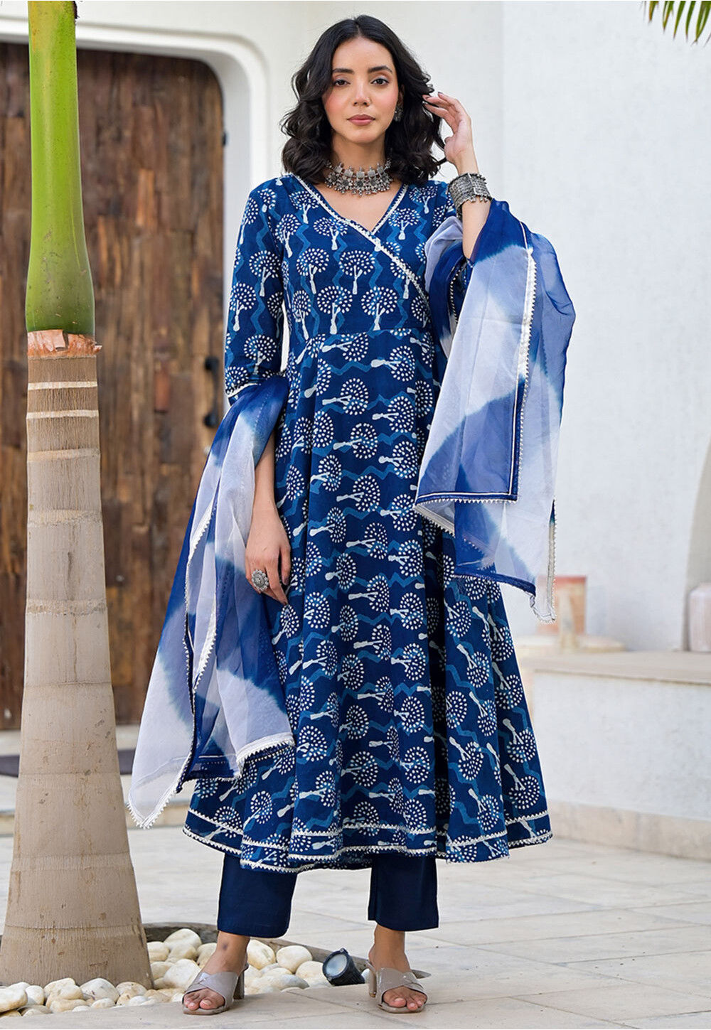 Buy Printed Pure Cotton Aline Suit in Royal Blue Online KJX205
