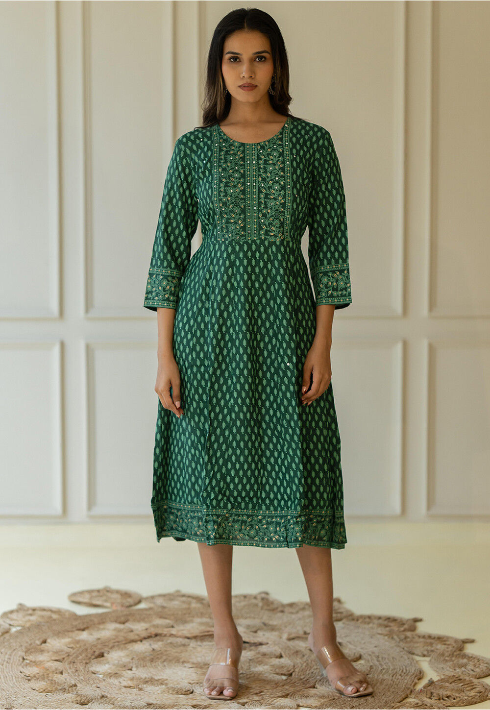 Women's Green Cotton Embroidered Anarkali Kurta