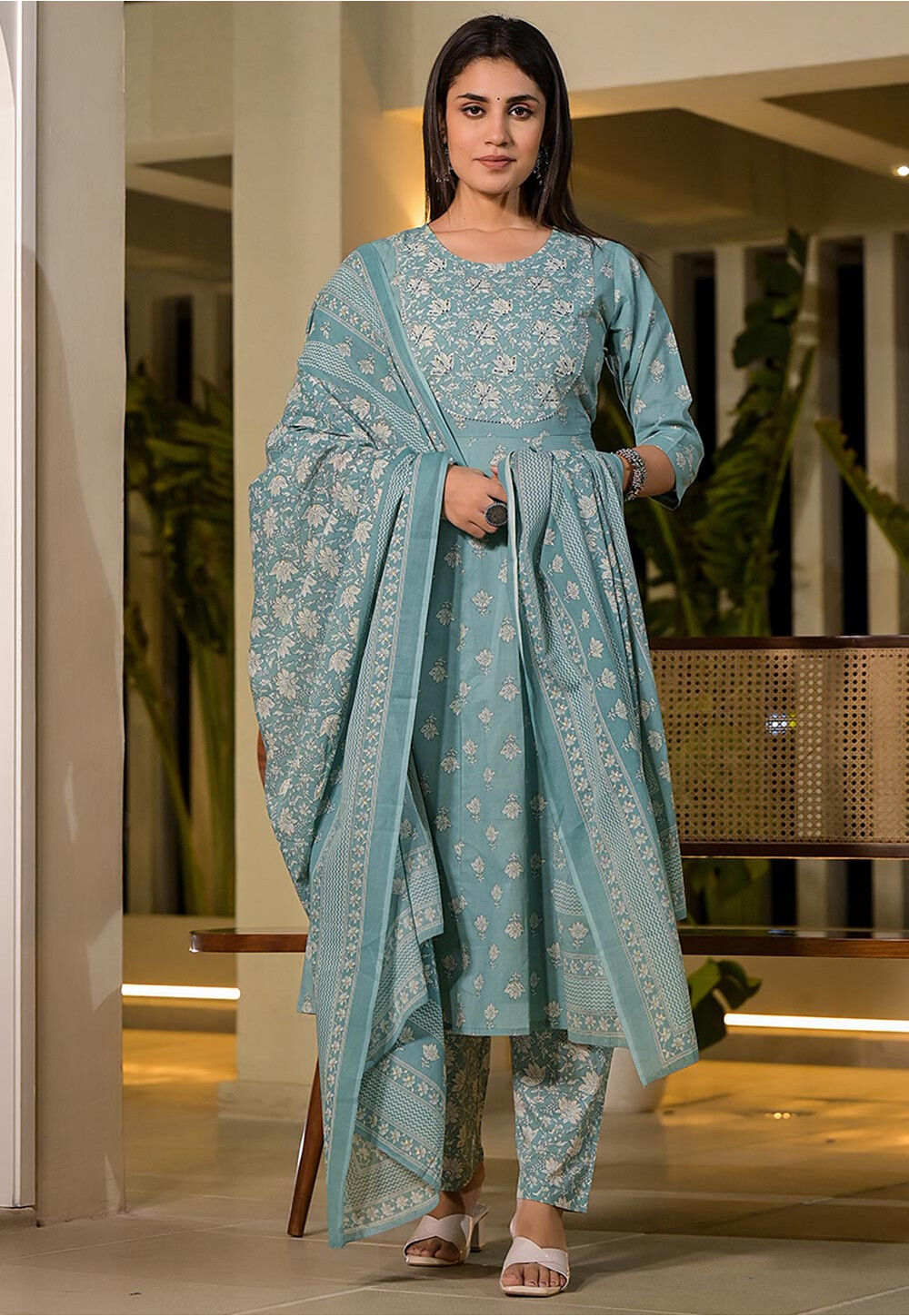 Blue Printed Pure Cotton Anarkali Suit Sets With Dupatta