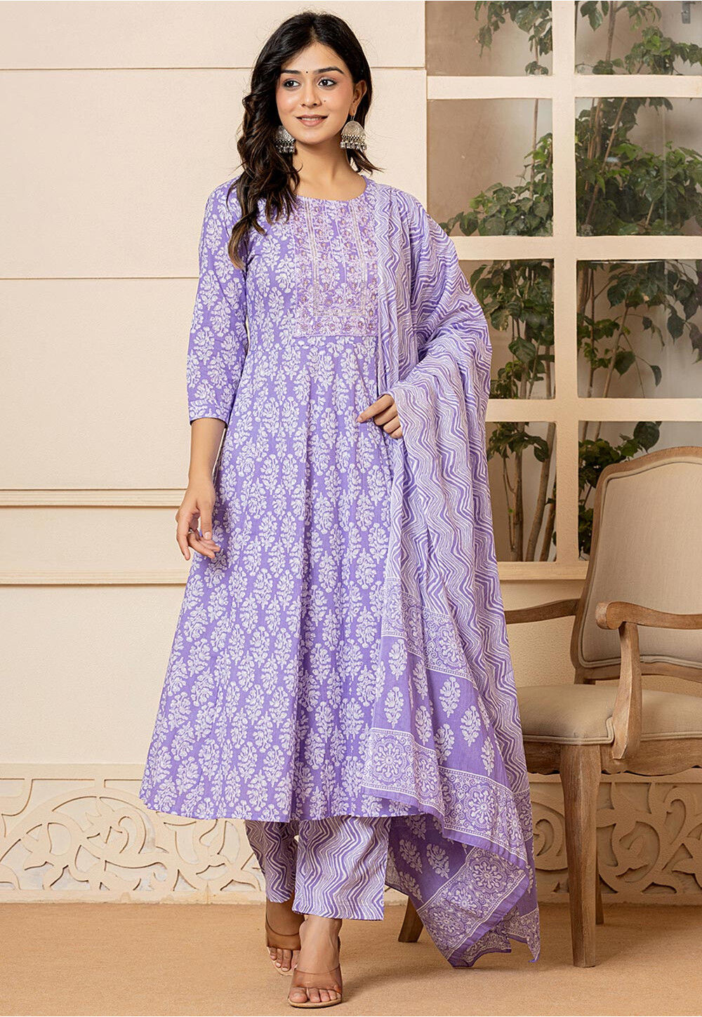 Mauve Printed Cotton Anarkali Suit With Dupatta