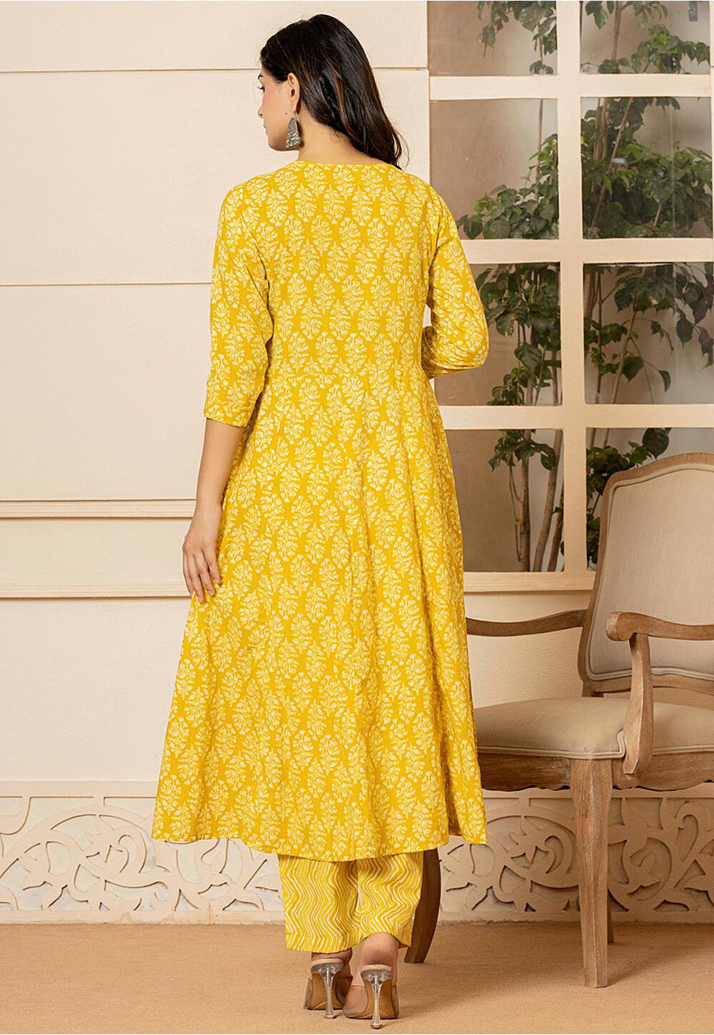 Yellow Ikat Printed Pure Cotton Anarkali Kurta