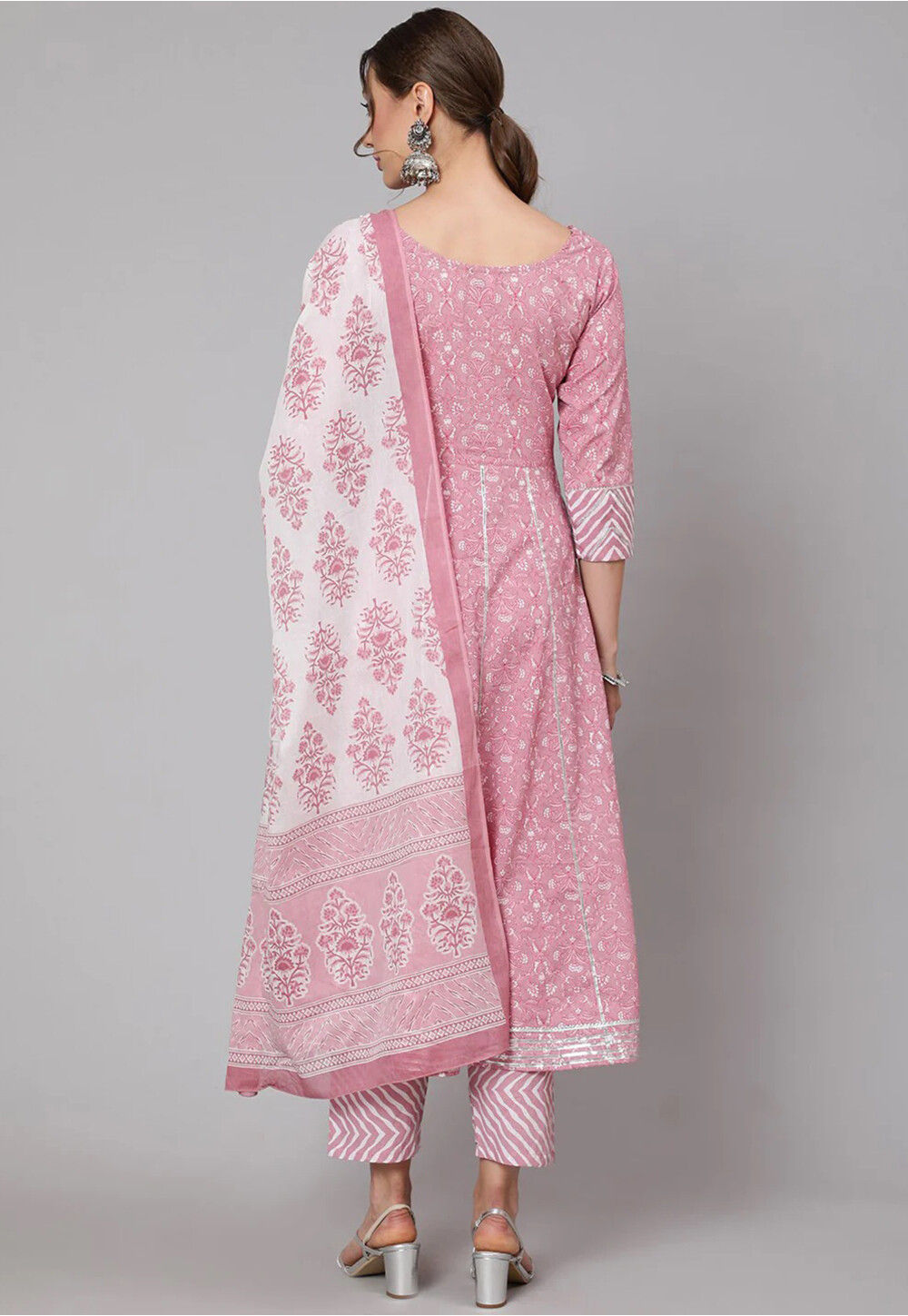 Cream & Pink Pure Cotton Floral Print Office Wear Anarkali Suit with Hand embroidery Work on Neck main image 0