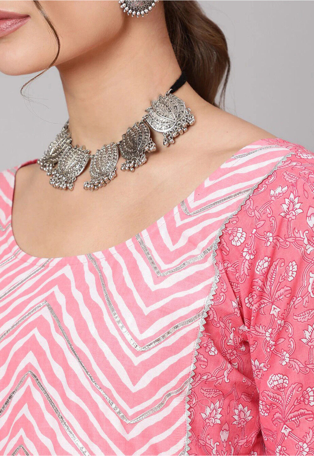 Pink Printed Pure Cotton Anarkali Suit With Dupatta