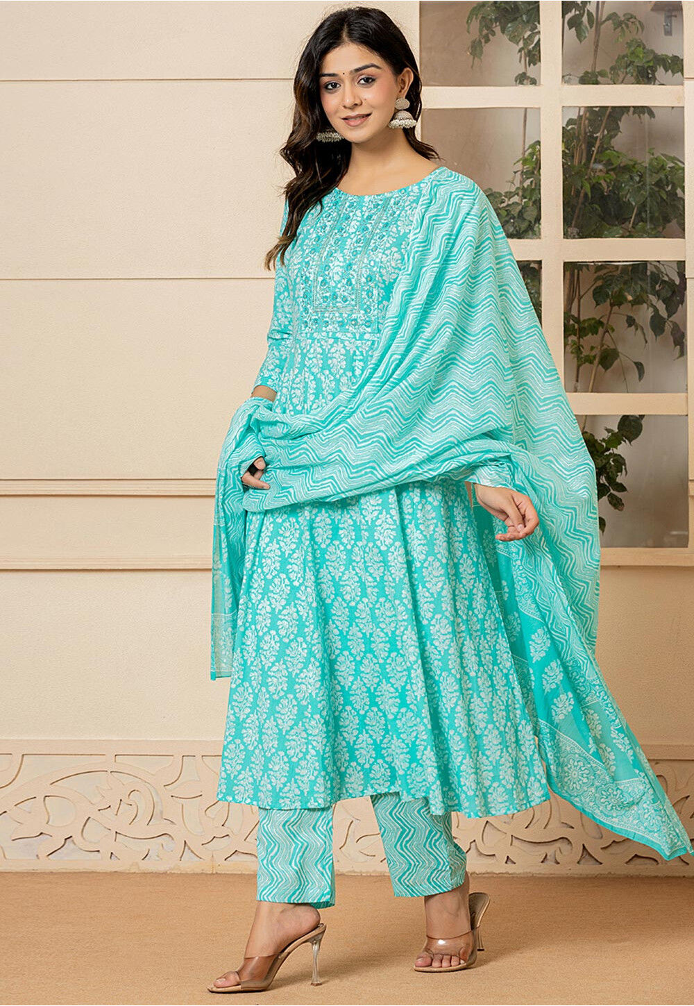 Sea Green Printed Pure Cotton Anarkali Kurta Sets With Dupatta