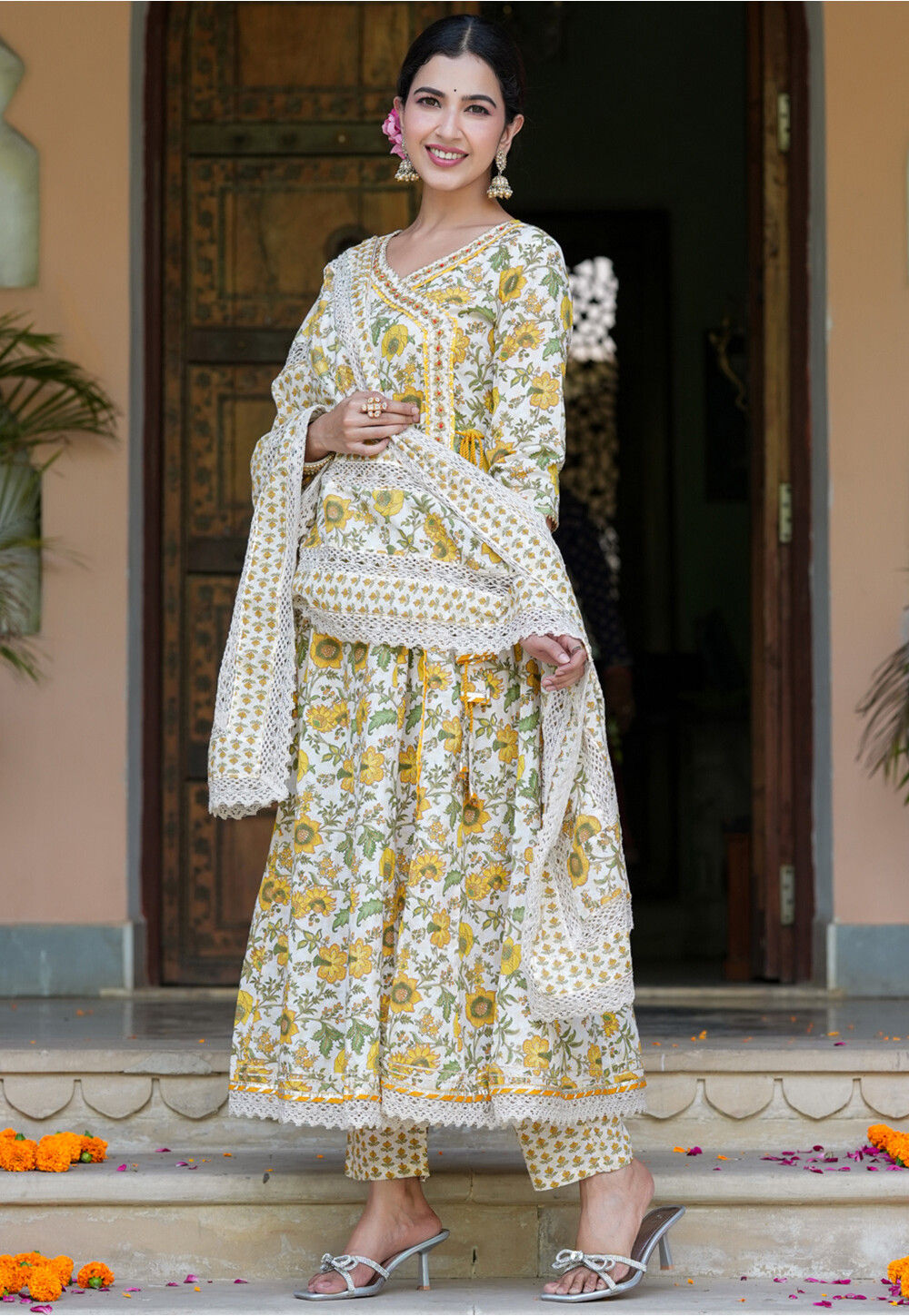 Printed Pure Cotton Angrakha Pakistani Suit in White : KJL954