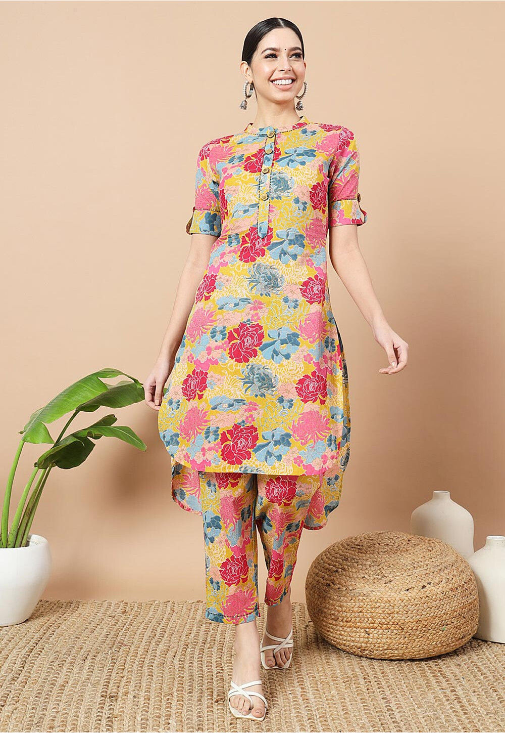 Floral printed yellow round_neck Pure Cotton Co-Ord Set