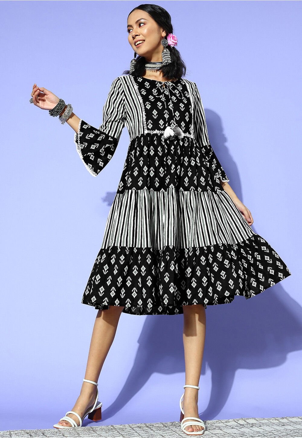 Printed Pure Cotton Midi Dress with Jacket in Black