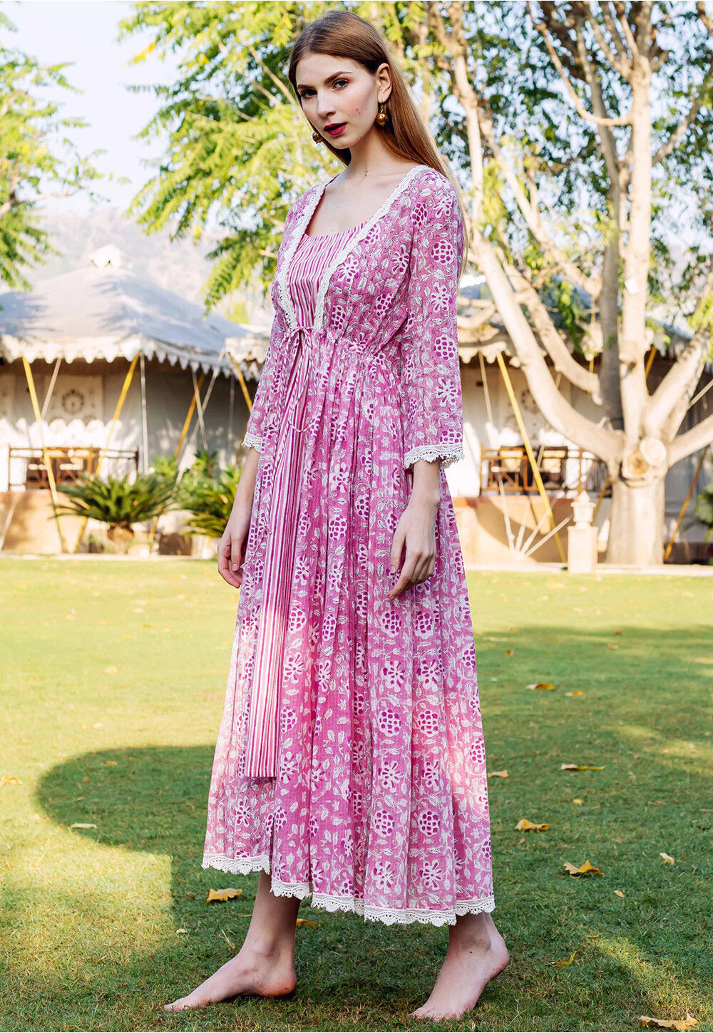 Buy Printed Pure Cotton Inner Midi Dress with Jacket in Pink and White — free download