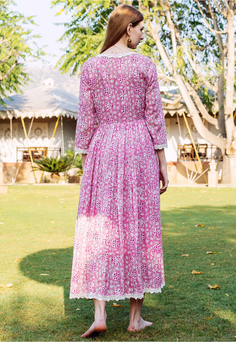 Buy Printed Pure Cotton Inner Midi Dress with Jacket in Pink and White — free download