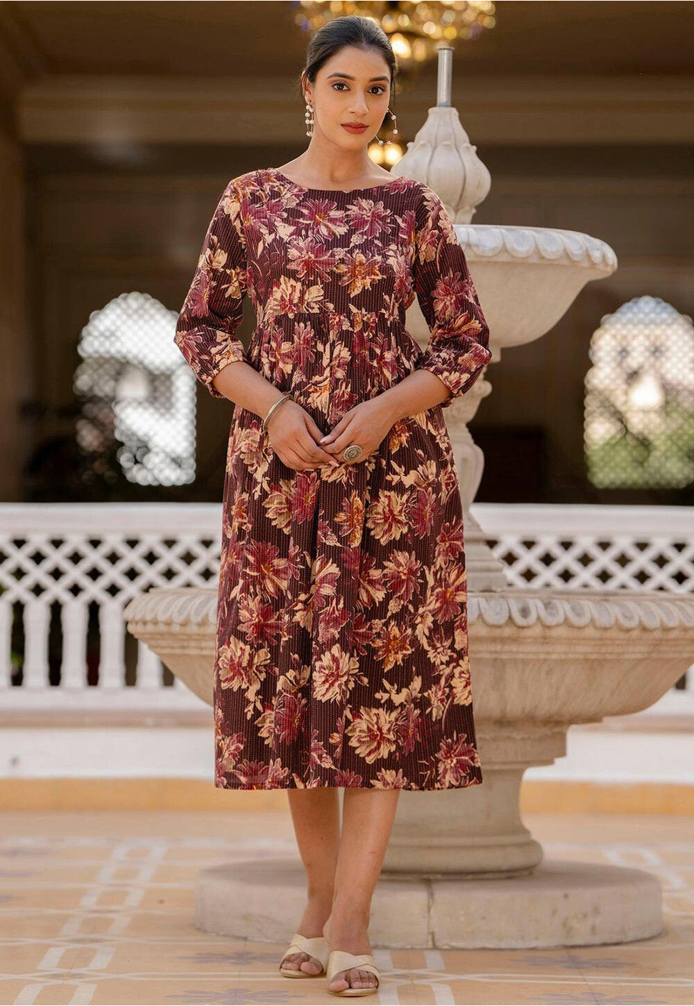 cotton lurex dress Printed Pure Cotton Lurex Aline Dress in Wine