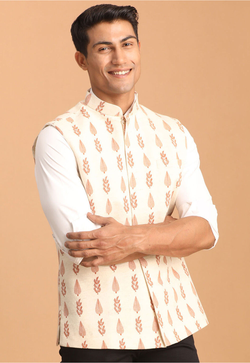 Printed Pure Cotton Nehru Jacket in Cream : MTR3547