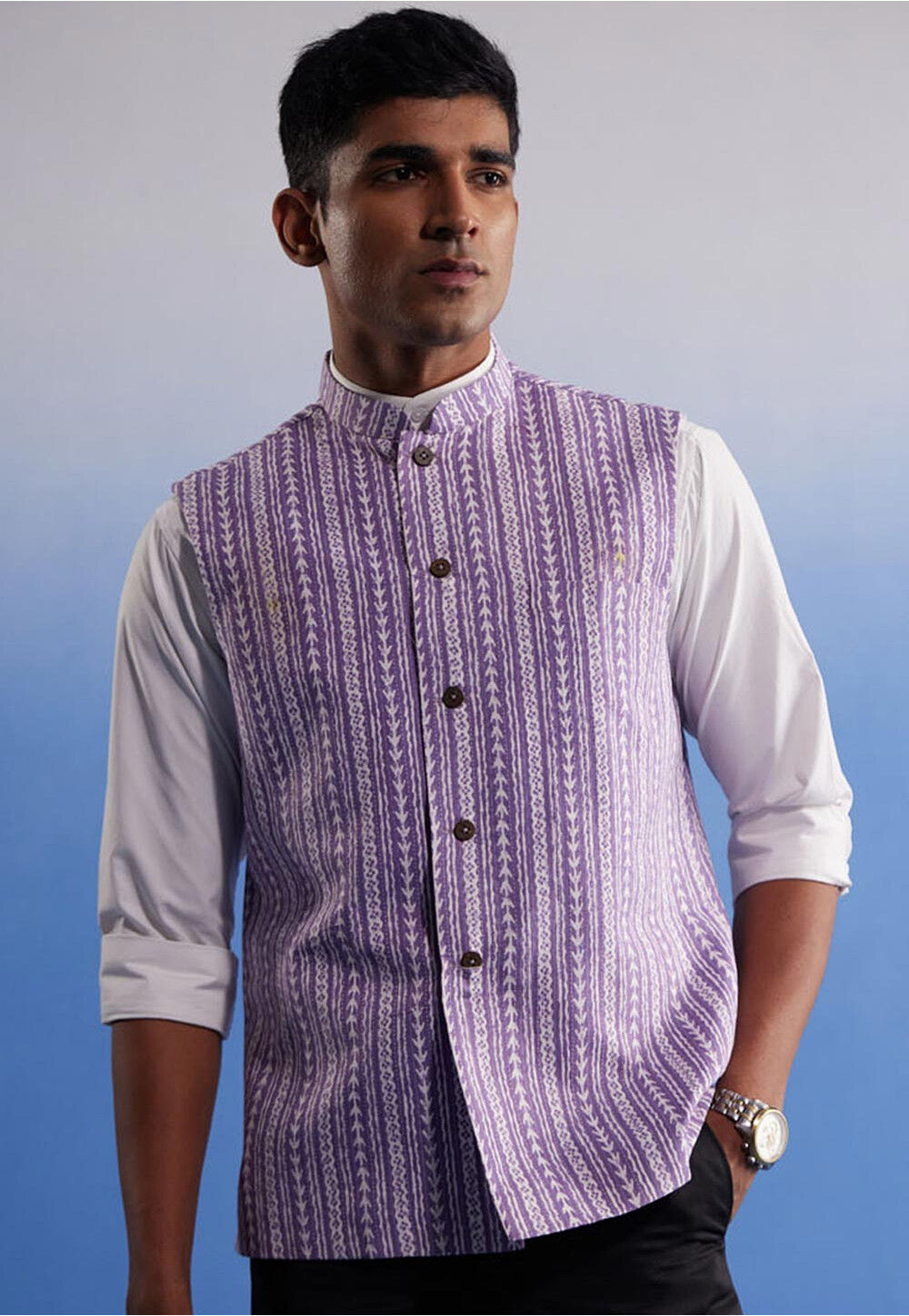 Men Blue & Maroon Printed Pure Cotton Neharu Jacket