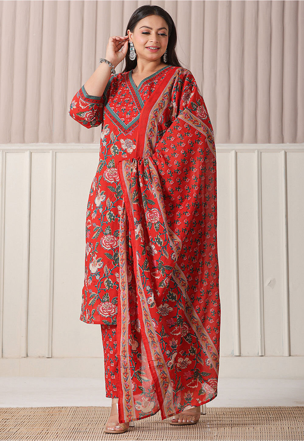 Printed Pure Cotton Pakistani Suit in Red Salwar Kameez
