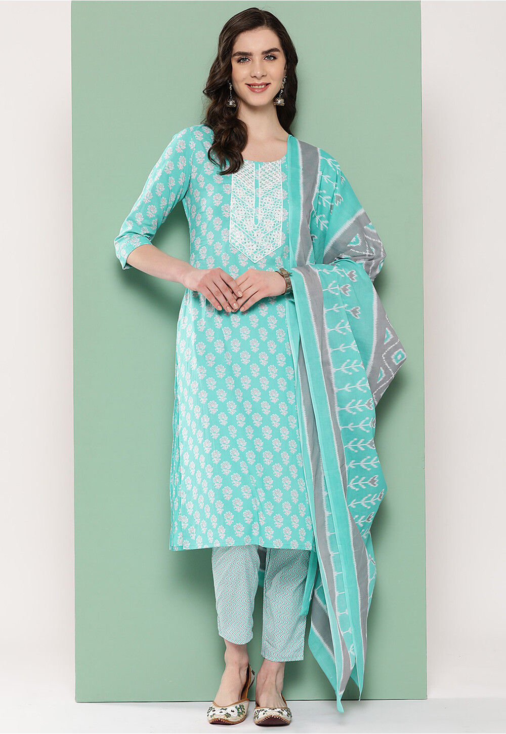 Printed Pure Cotton Pakistani Suit in Turquoise : KJL920