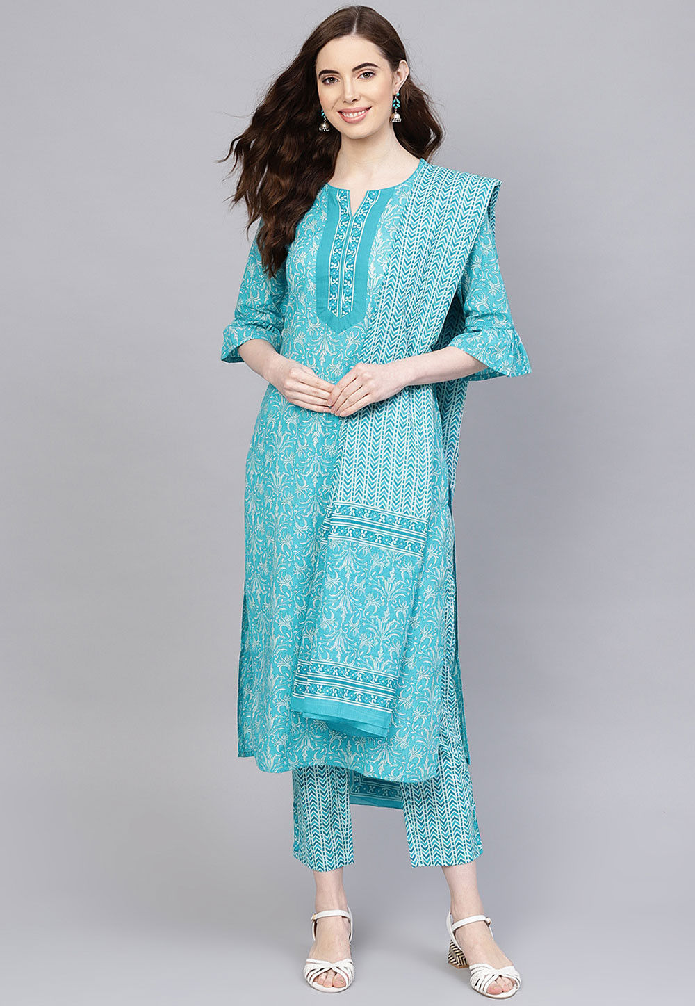 Printed Pure Cotton Pakistani Suit in Turquoise : KTN425