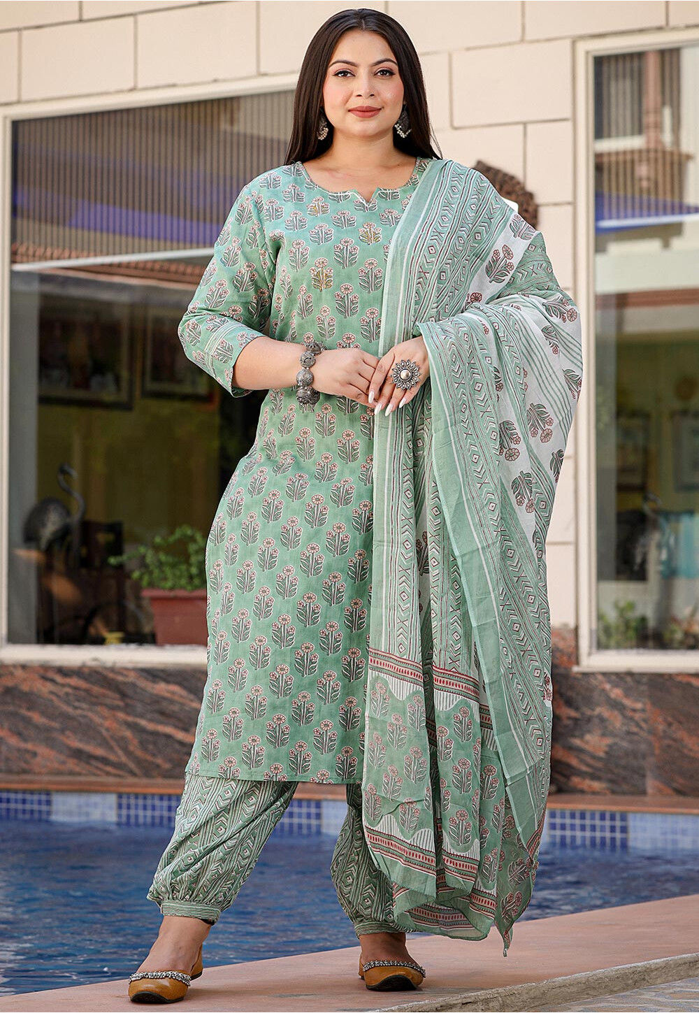 Bandhej Printed Pure Cotton Punjabi Suit in Grey : KQS133
