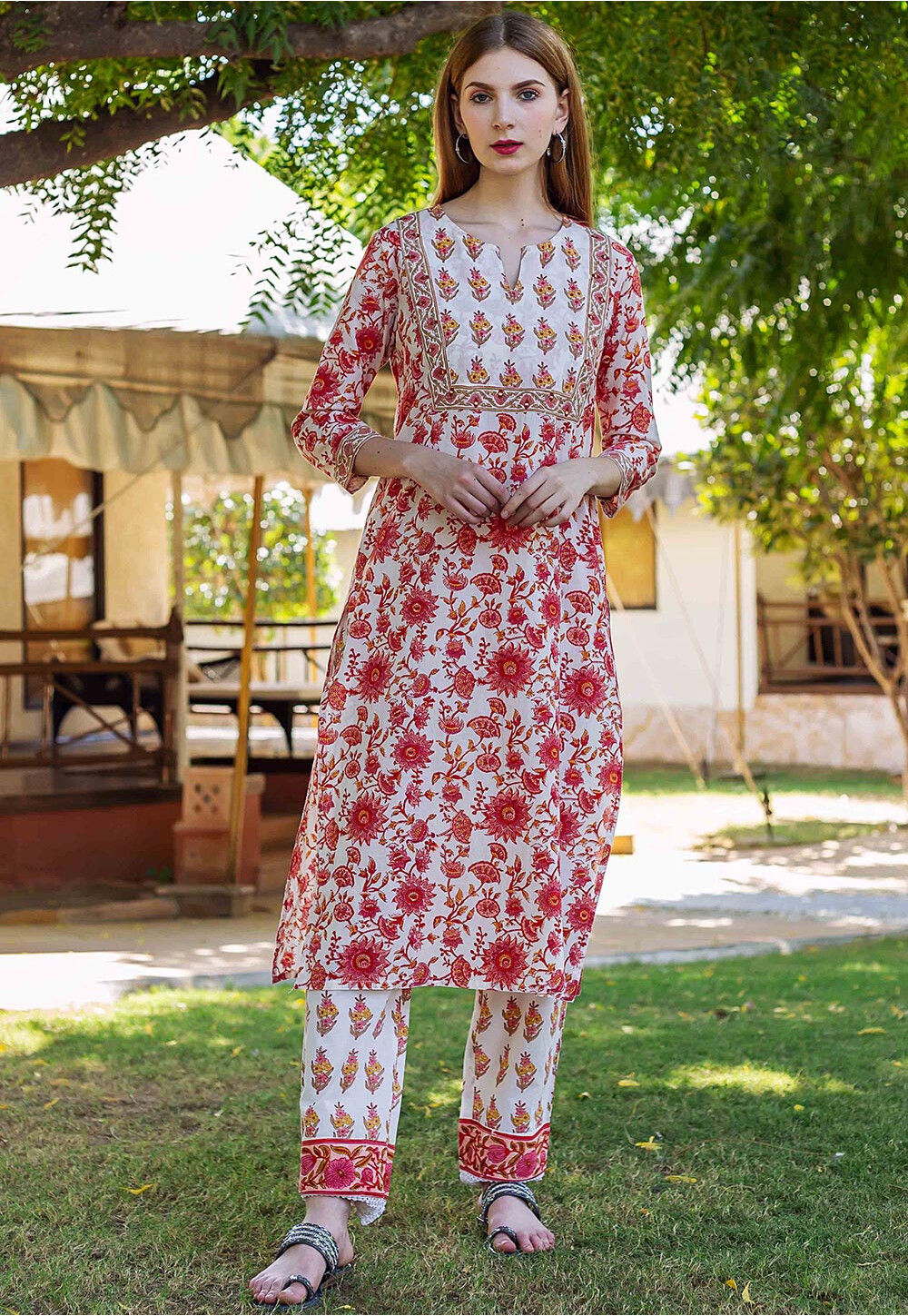 Off White Printed Pure Cotton Straight Kurta Set main image 0