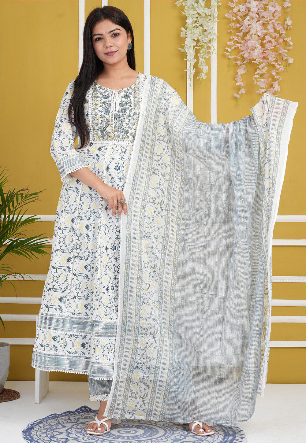 Buy Printed Rayon Cotton Anarkali Suit in Off White Online : KJC4488 ...