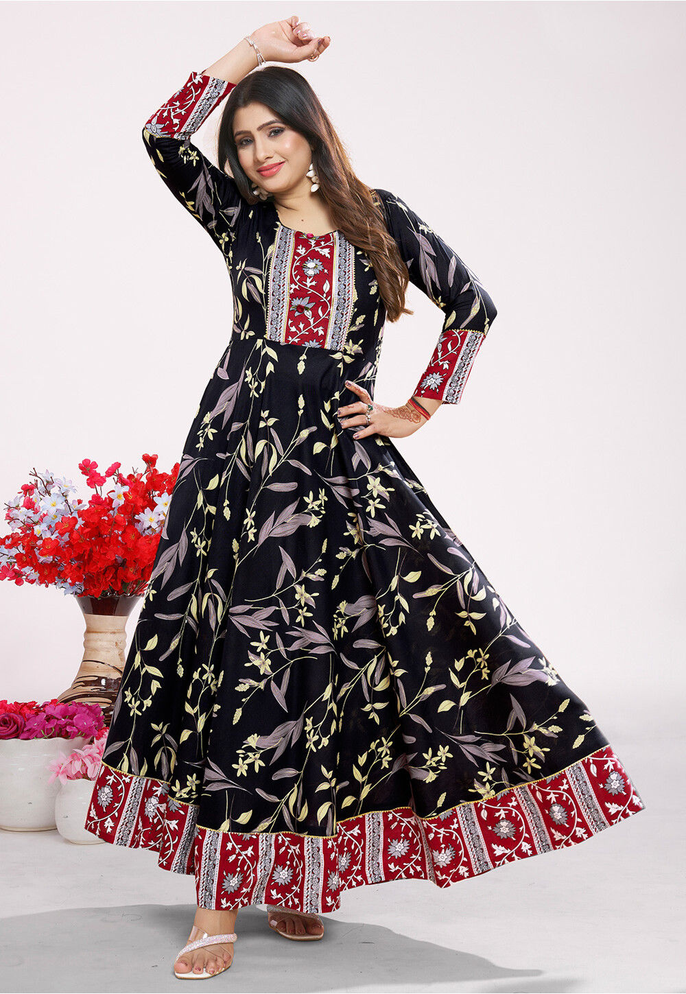 Black Printed Rayon Maxi Skirt
