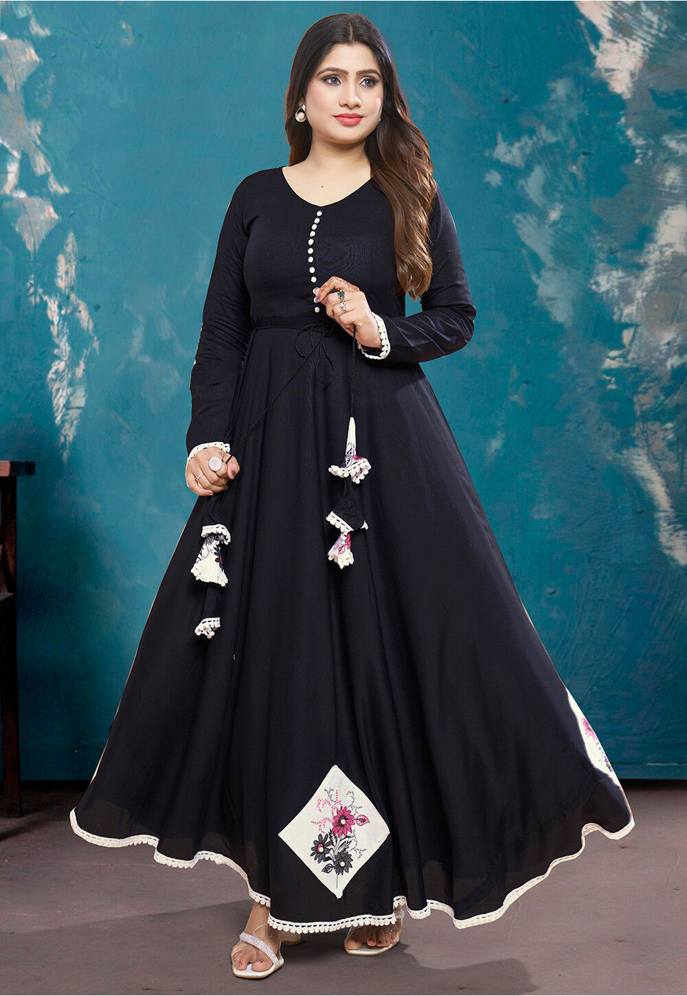 Printed Rayon Maxi Dress in Black