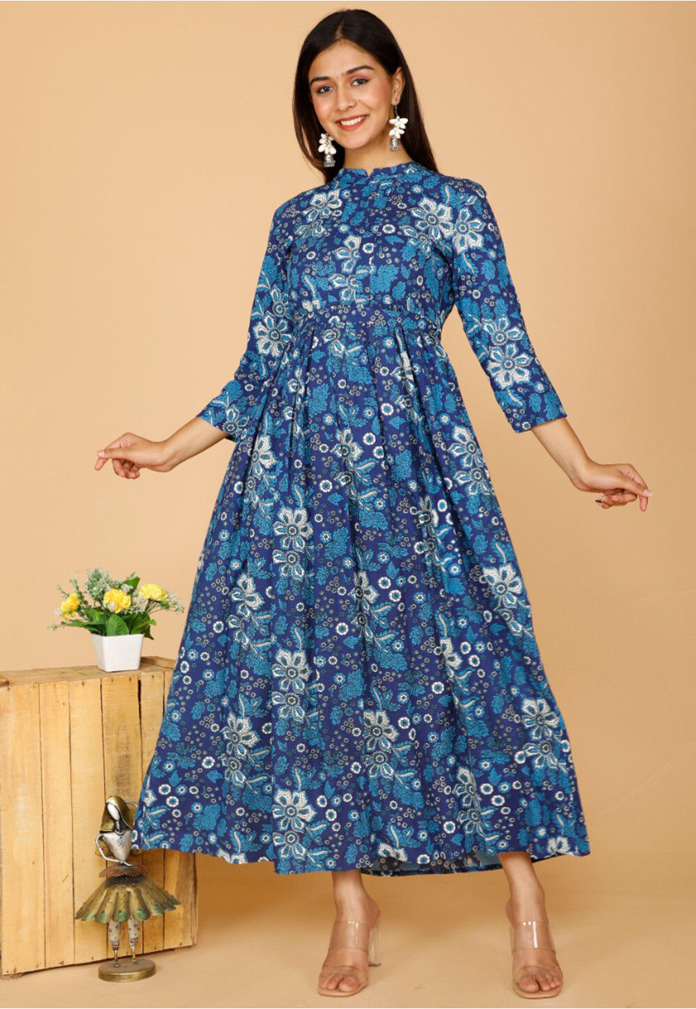 Printed Rayon Midi Dress in Navy Blue : TAN314