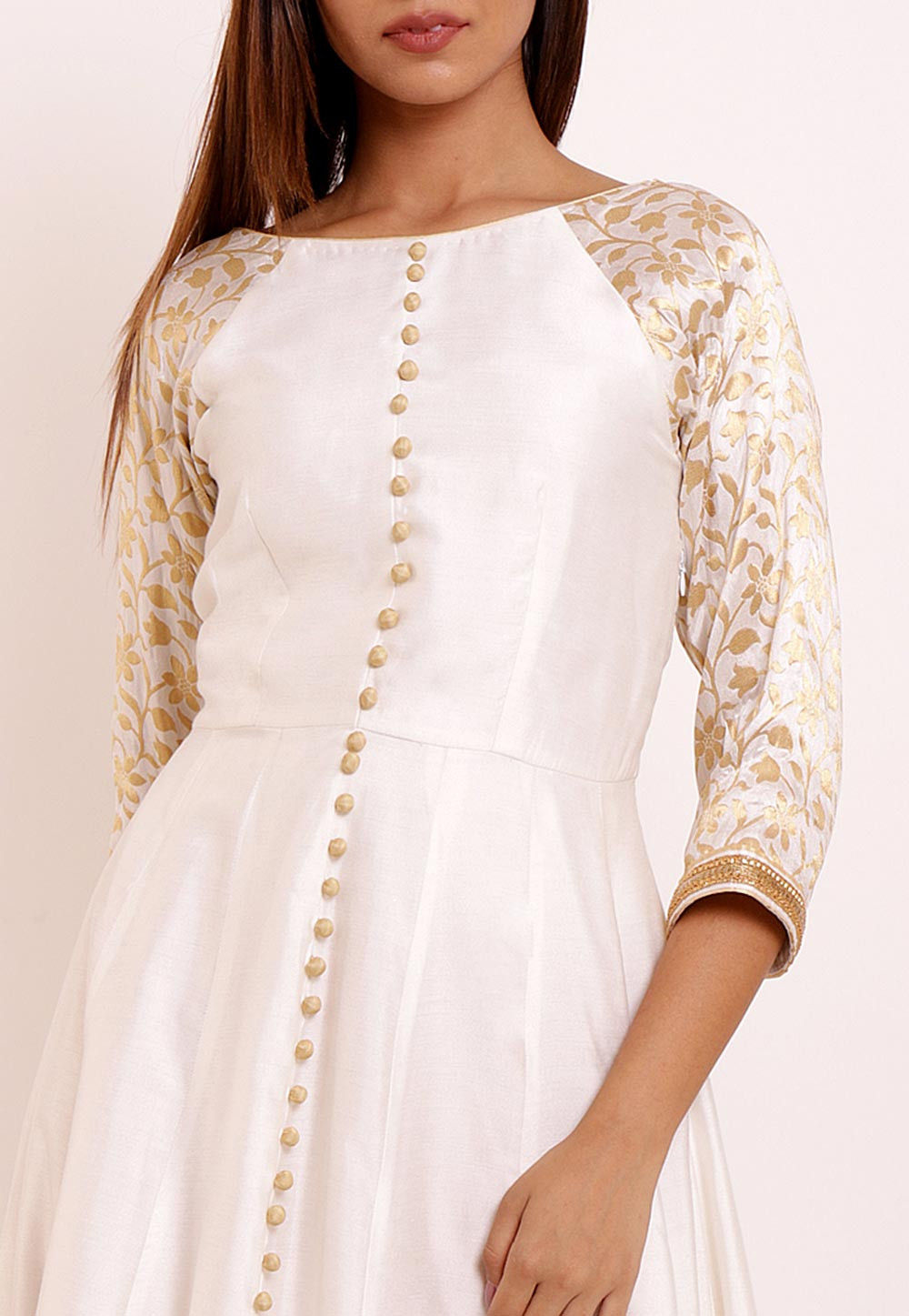 Buy Woven Sleeves Cotton Silk Anarkali Kurta in Off White Online