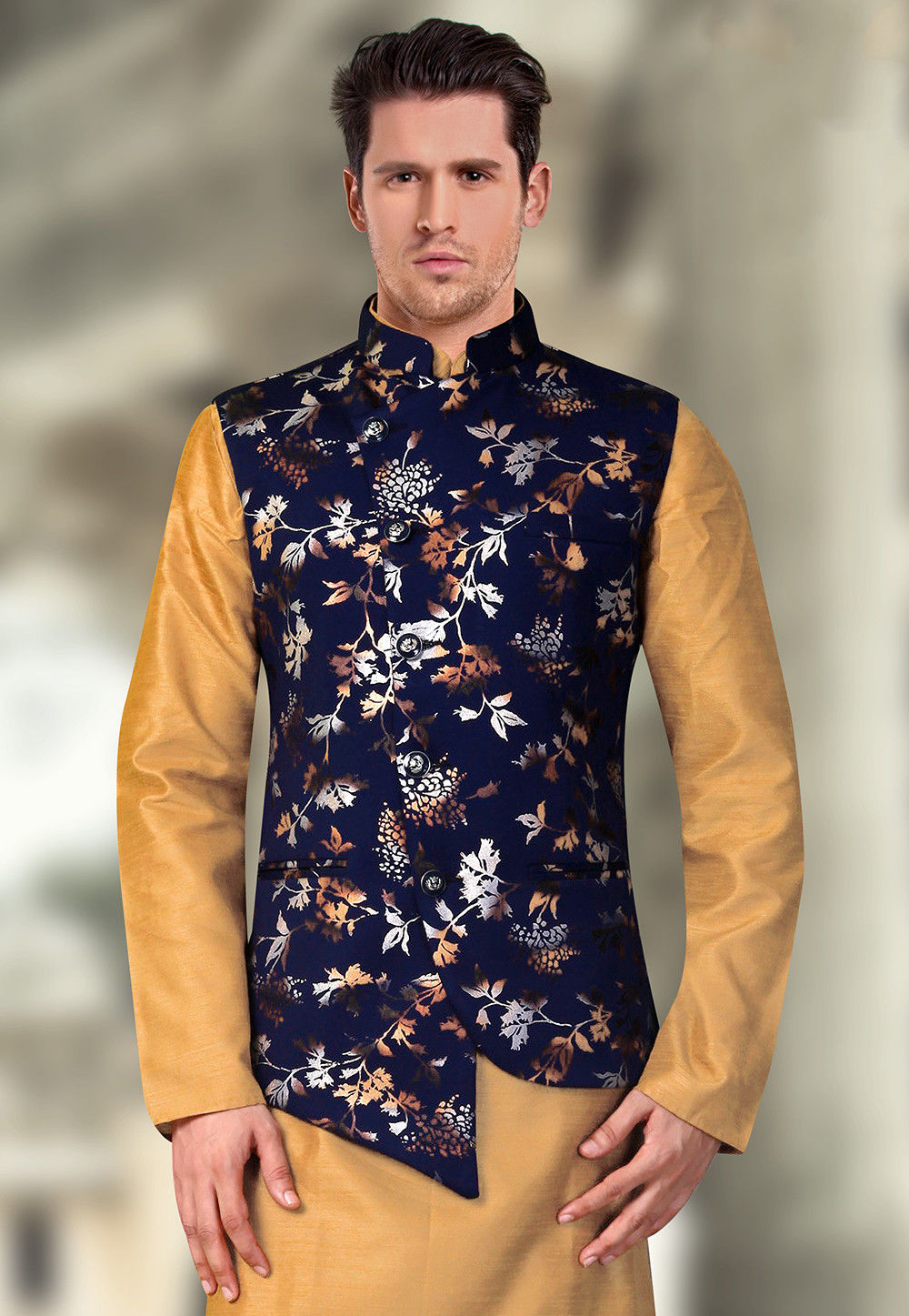 Printed Terry Rayon Asymmetric Nehru Jacket in Navy Blue : MHG1116