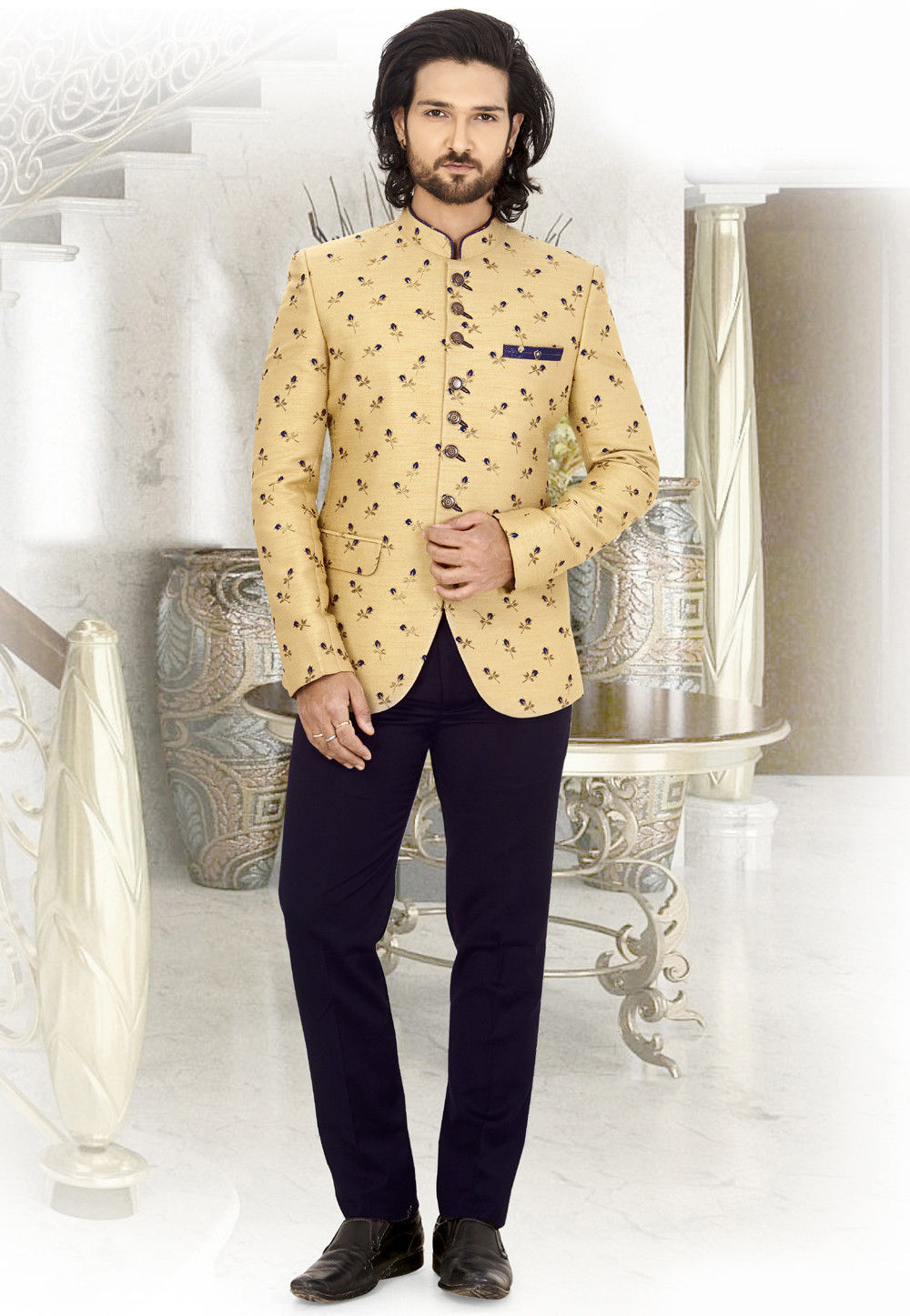 Buy Printed Terry Rayon Jodhpuri Jacket in Beige Online MHG1853 Utsav Fashion
