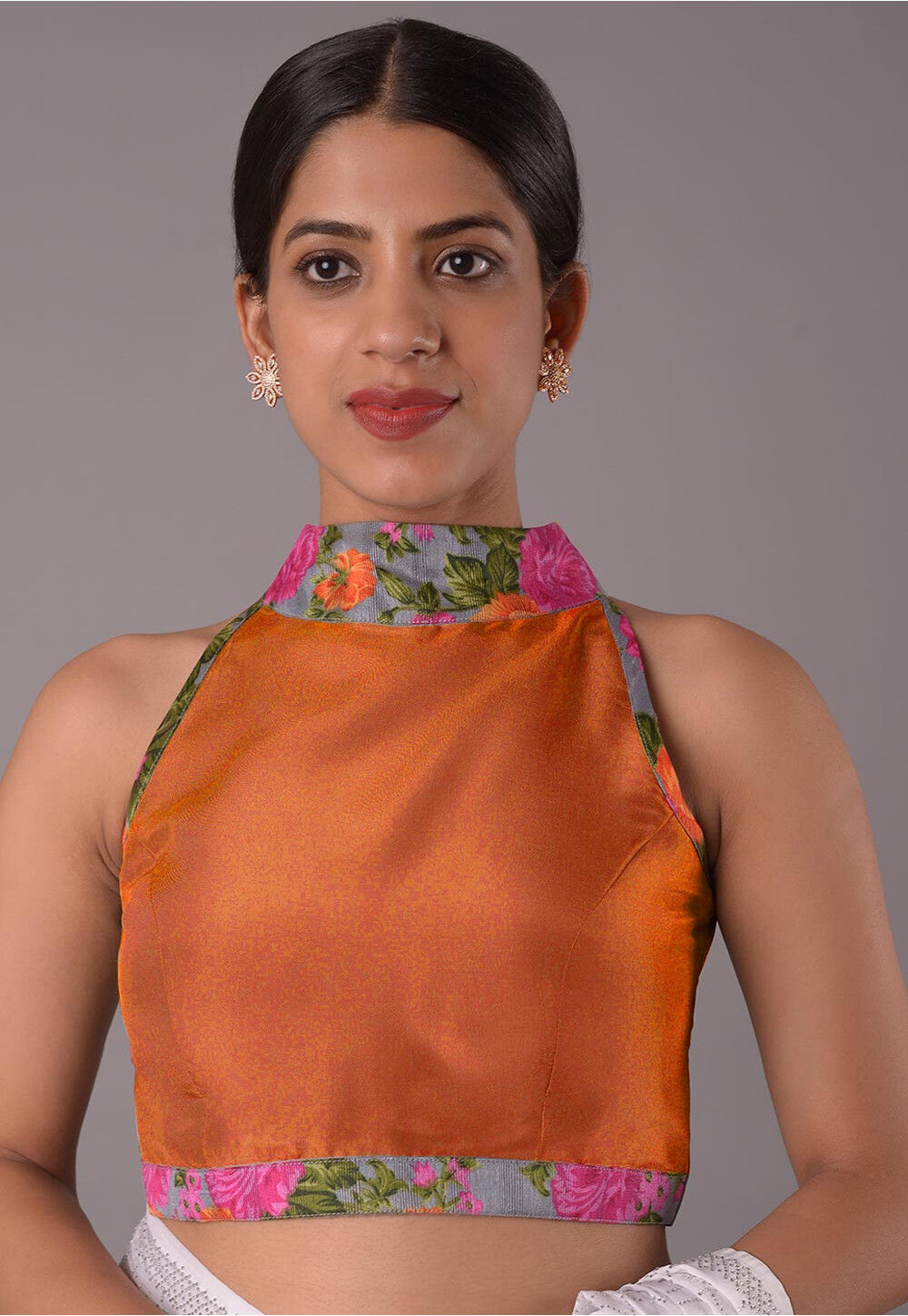 Printed Trim Crepe Blouse in Dark Orange UAC504