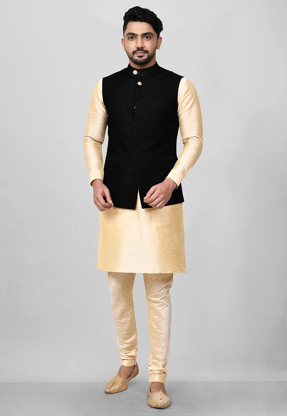 Black Bees Velvet Cotton Nehru Jacket