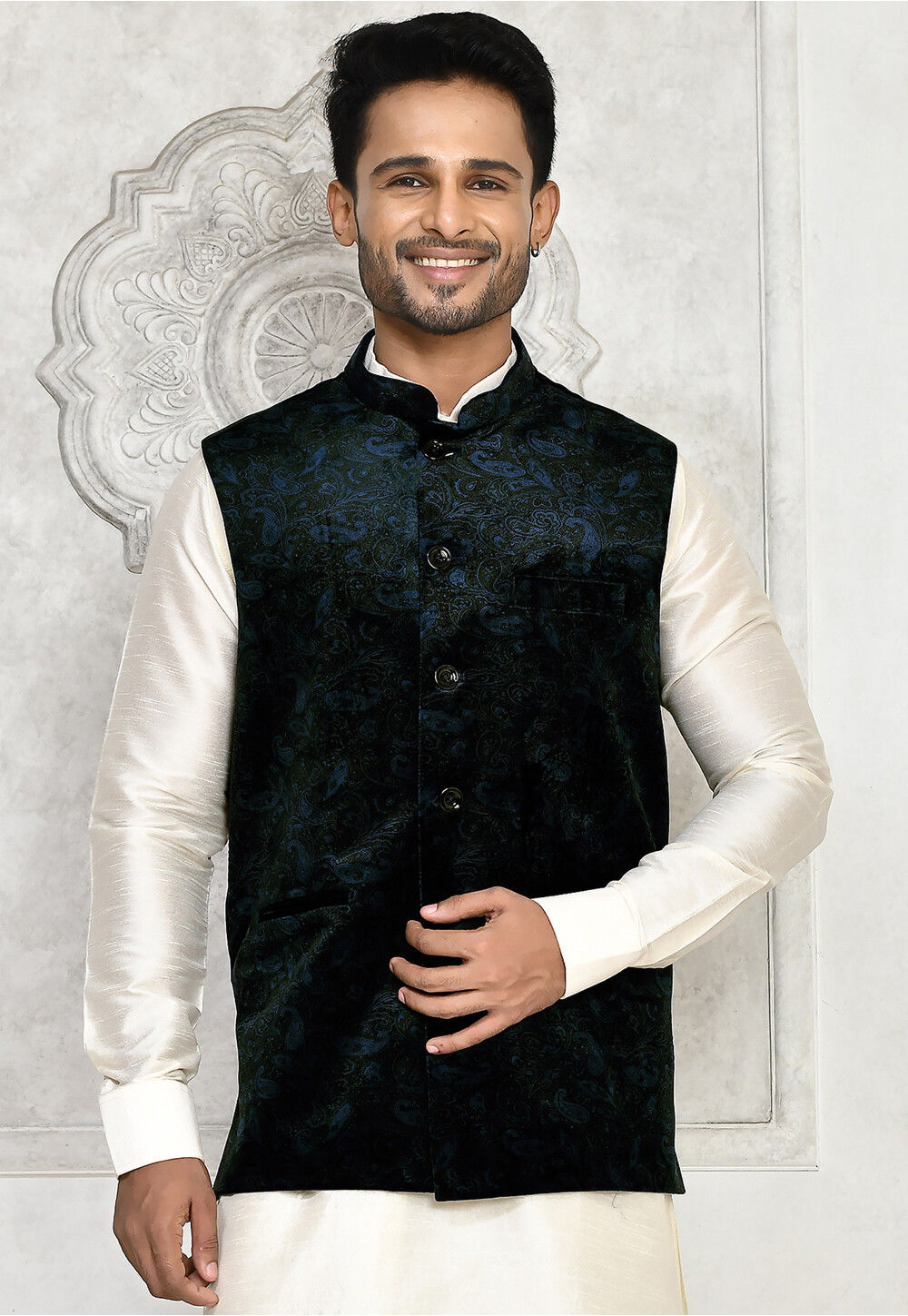 Navy Velvet Nehru Jacket with Frogging on Sleeve