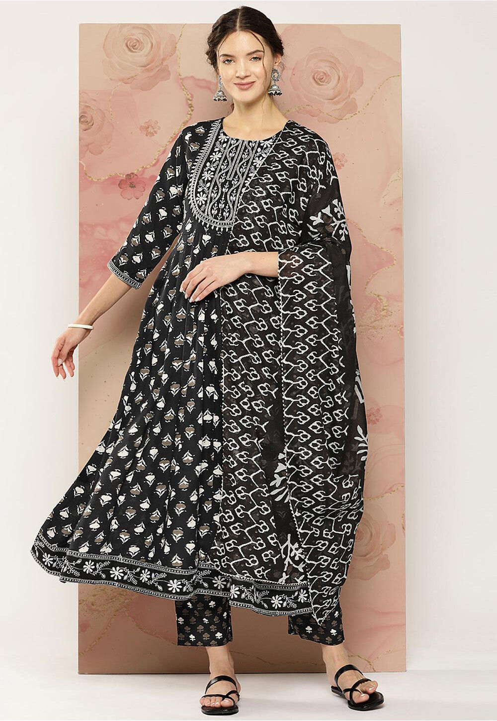 Printed Viscose Rayon A Line Suit in Black : KXN34