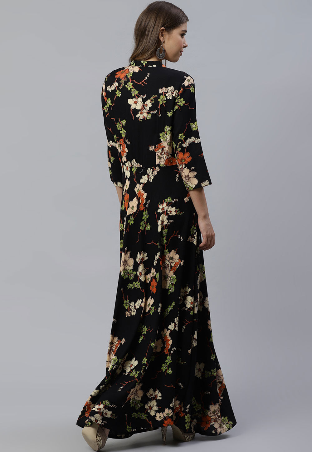 Buy Printed Viscose Rayon Maxi Dress in Black Online : TKV100 - Utsav ...
