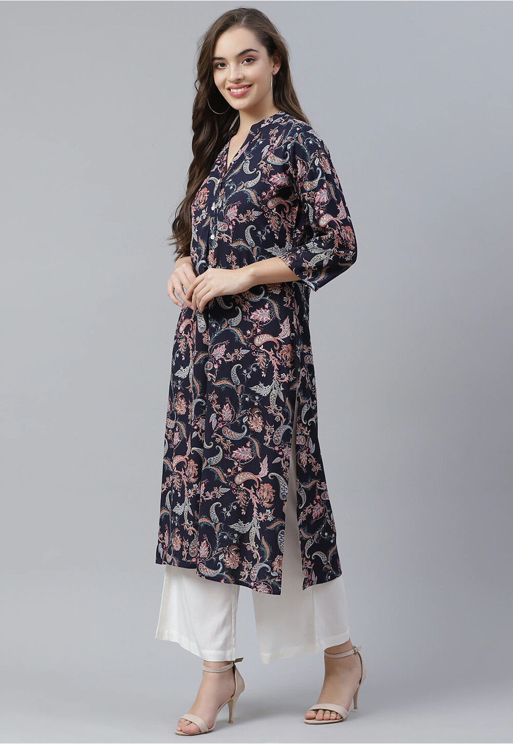 Black Printed Viscose Rayon Straight Kurta Trousers Set
