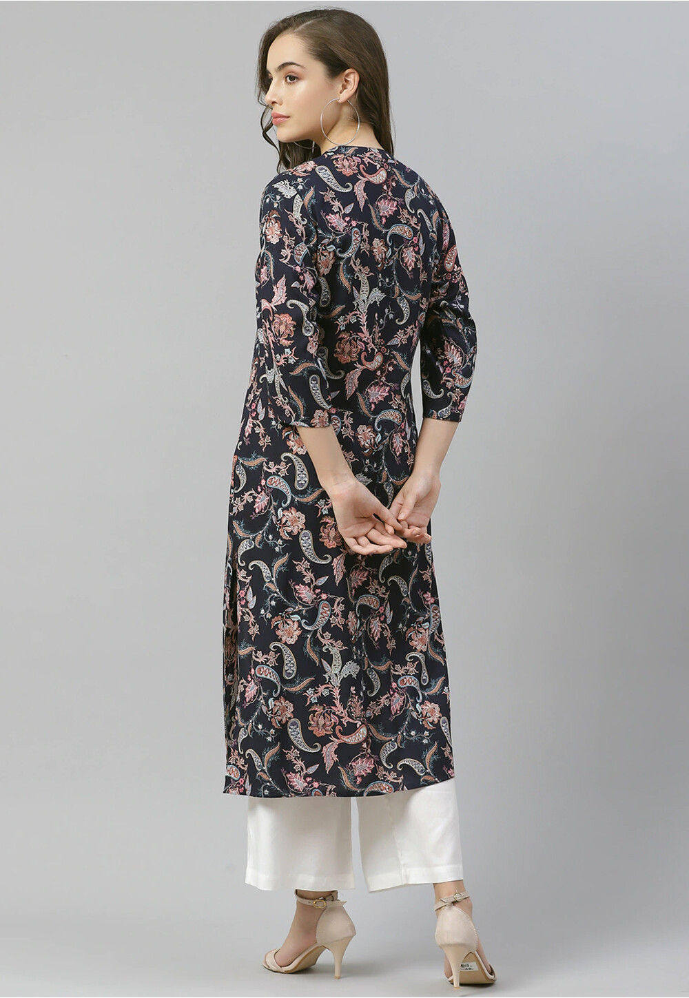 Blue 3/4 Sleeve Rayon Kurta With Beige Print In Yoke