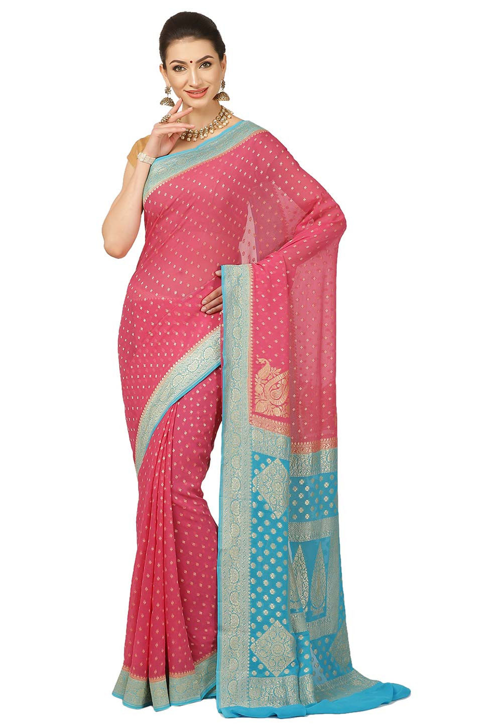 Buy Pure Banarasi Georgette Silk Saree In Coral Pink Online Suna379