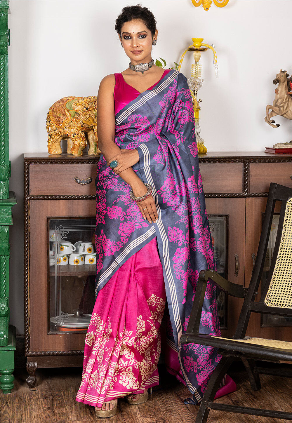 Jet Black Hand Block Bishnupurii Pure Silk Saree – Craftyle