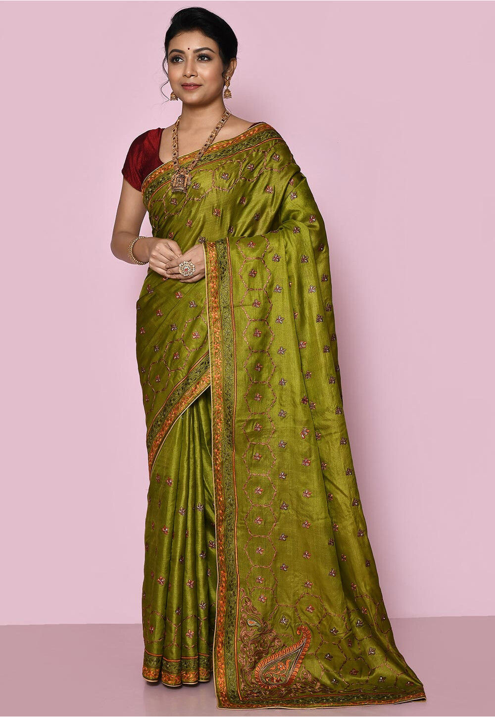 Pure Silk Embroidered Saree in Olive Green SNEA2524
