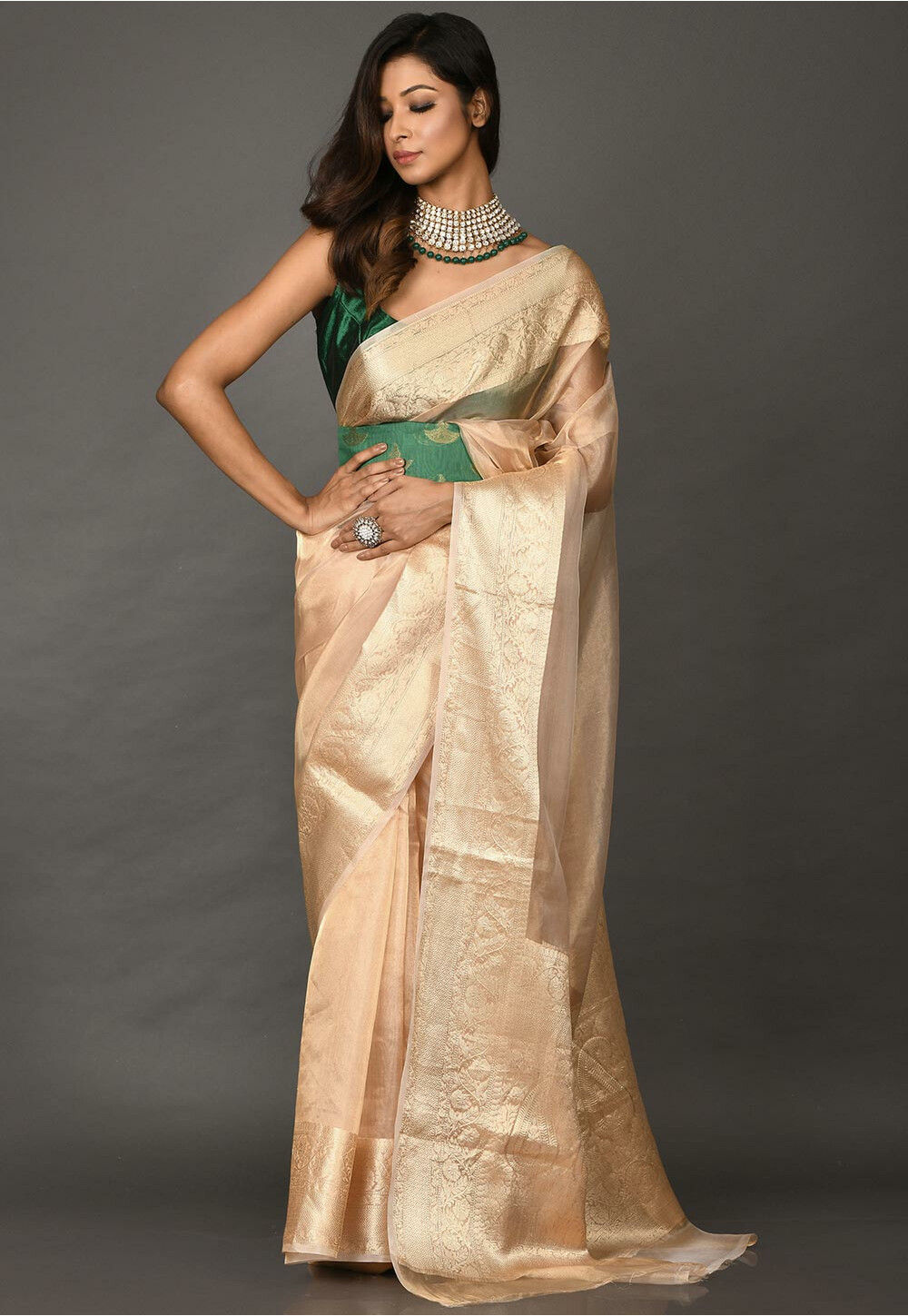 Pink Banarasi Tissue Silk Saree highlighted with Gold Silver Zari Buttas -  Mirra Clothing