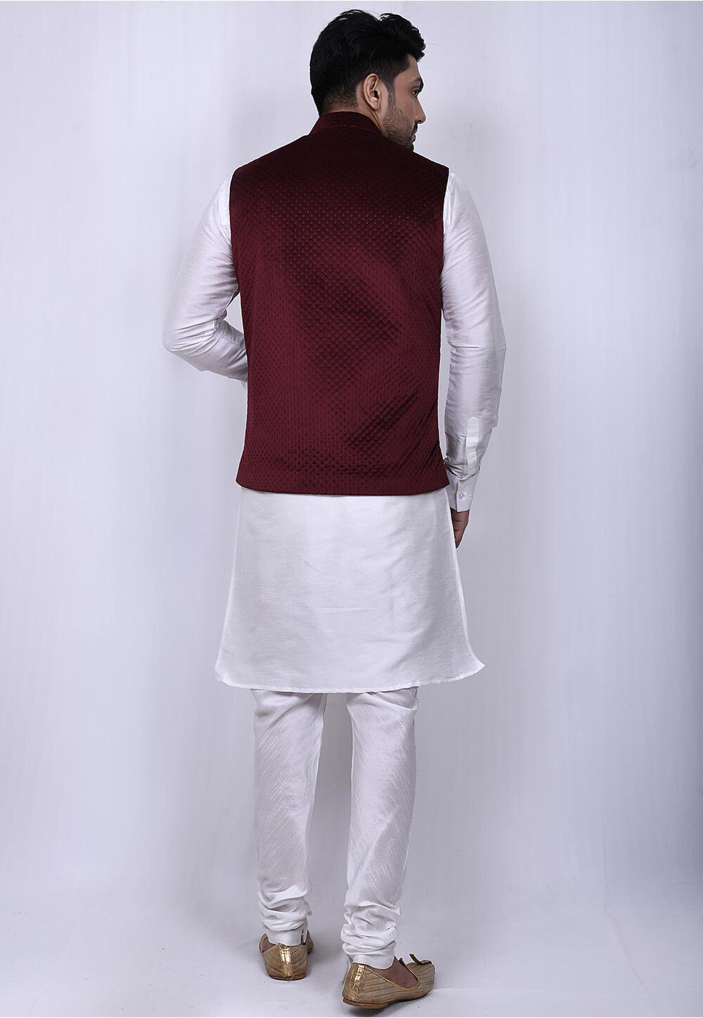 Men's Maroon Embroidered Velvet Nehru Jacket with Mandarin Collar