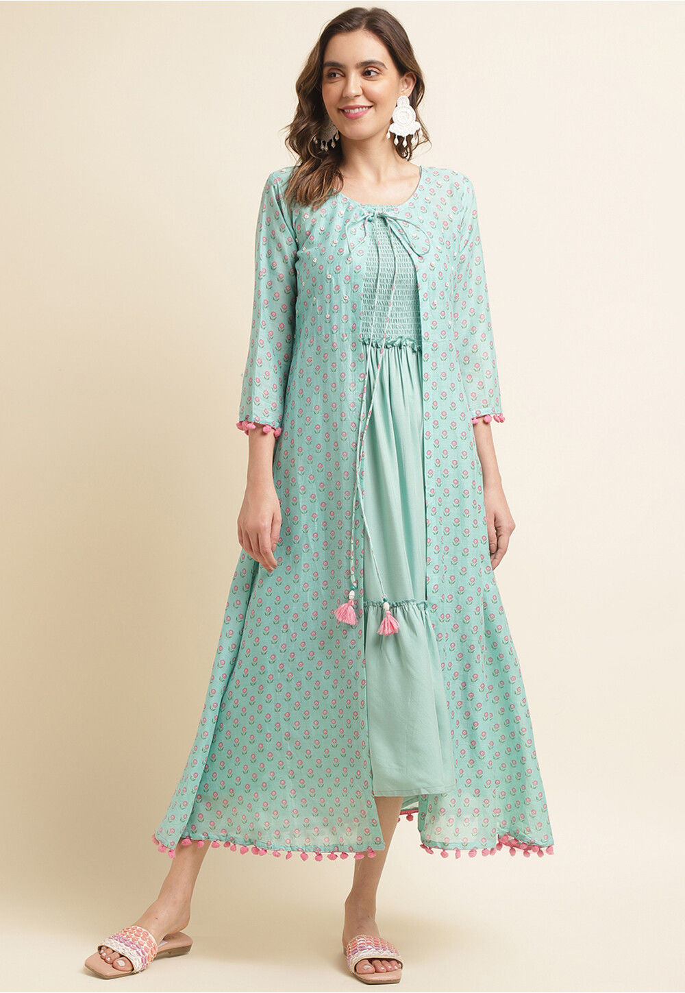 Buy Readymade Cotton Tiered Dress with Jacket in Dusty Green Online ...